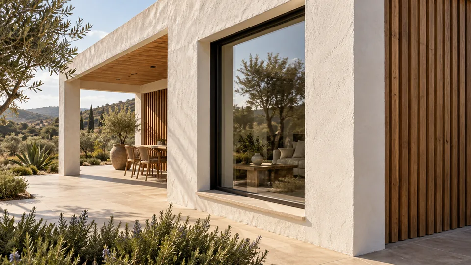 Detalle de fachada mediterránea con carpintería de grandes ventanas, porche y materiales naturales