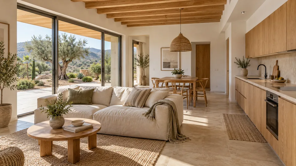 Salón abierto y luminoso integrado con comedor y cocina, con madera y materiales naturales