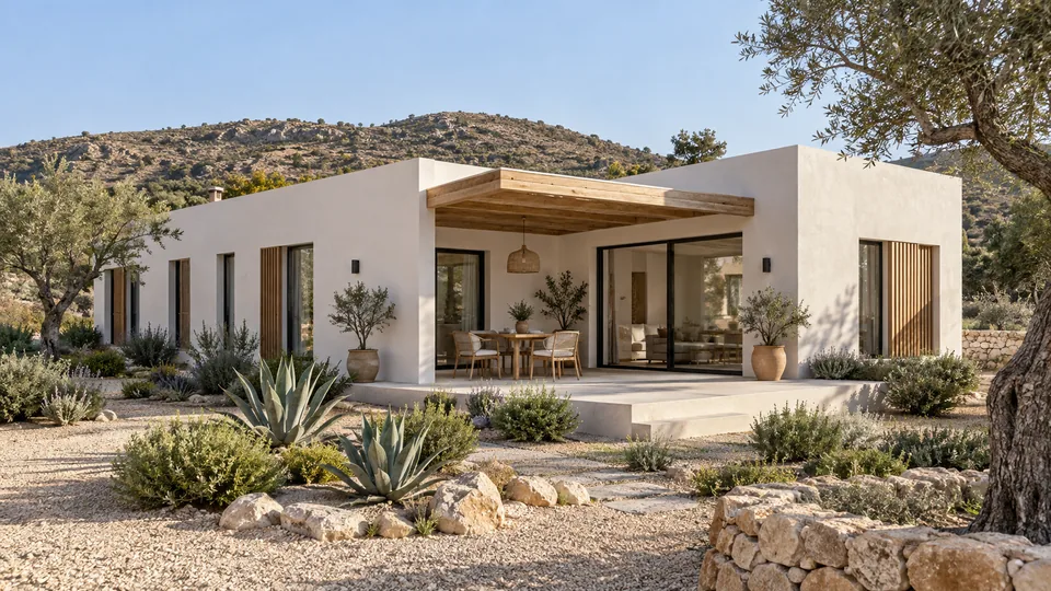 Vivienda familiar contemporánea con varios volúmenes, grandes ventanas y jardín mediterráneo