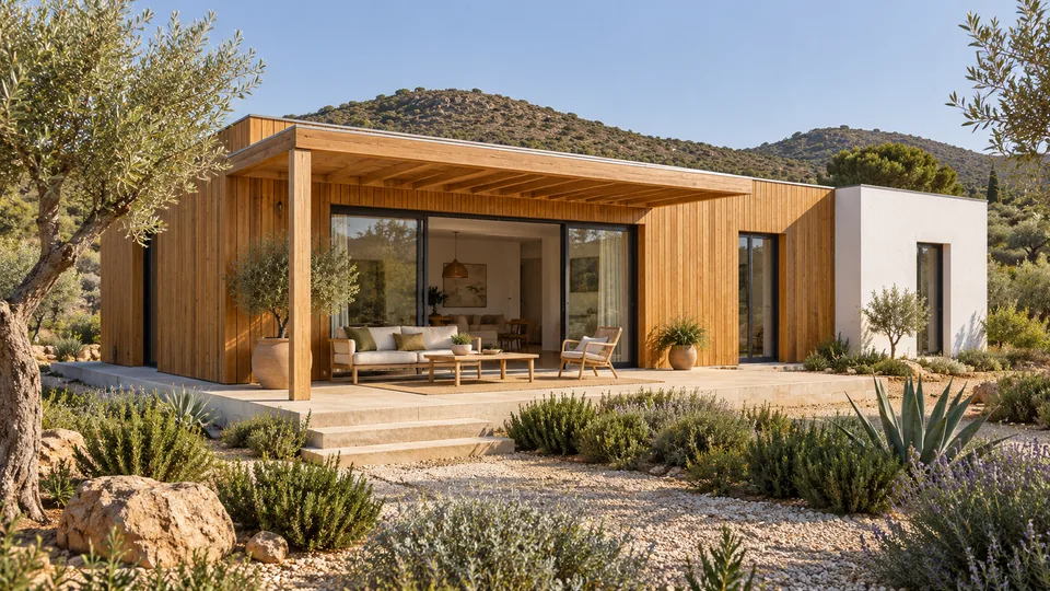 Vivienda de una planta con revestimiento de madera natural, fachada blanca y terraza en un jardín mediterráneo